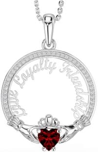Diamond Garnet Silver Irish "Love, Loyalty, & Friendship" Claddagh Necklace