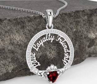 Diamond Garnet Silver Irish "Love, Loyalty, & Friendship" Claddagh Necklace