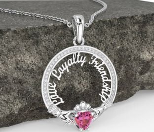 Diamond Pink Tourmaline Silver Irish "Love, Loyalty, & Friendship" Claddagh Necklace