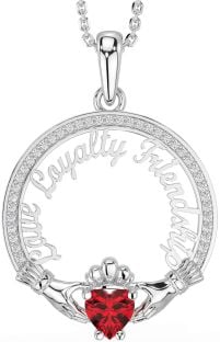 Diamond Ruby Silver Irish "Love, Loyalty, & Friendship" Claddagh Necklace