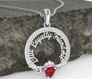 Diamond Ruby Silver Irish "Love, Loyalty, & Friendship" Claddagh Necklace