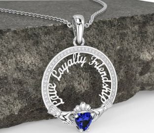 Diamond Sapphire Silver Irish "Love, Loyalty, & Friendship" Claddagh Necklace