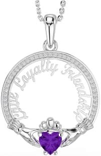 Diamond Amethyst White Gold Irish "Love, Loyalty, & Friendship" Claddagh Necklace