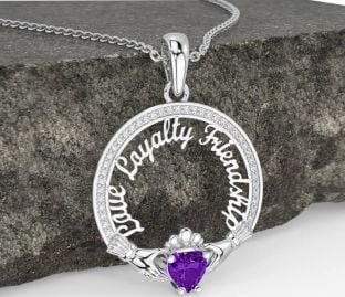 Diamond Amethyst White Gold Irish "Love, Loyalty, & Friendship" Claddagh Necklace
