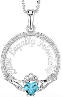 Diamond Aquamarine White Gold Irish "Love, Loyalty, & Friendship" Claddagh Necklace