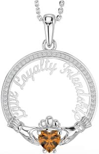 Diamond Citrine White Gold Irish "Love, Loyalty, & Friendship" Claddagh Necklace