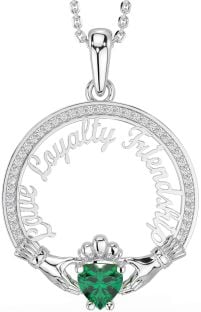 Diamond Emerald White Gold Irish "Love, Loyalty, & Friendship" Claddagh Necklace
