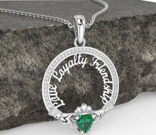 Diamond Emerald White Gold Irish "Love, Loyalty, & Friendship" Claddagh Necklace