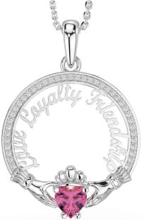 Diamond Pink Tourmaline White Gold Irish "Love, Loyalty, & Friendship" Claddagh Necklace