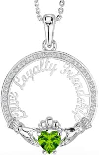 Diamond Peridot White Gold Irish "Love, Loyalty, & Friendship" Claddagh Necklace