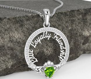 Diamond Peridot White Gold Irish "Love, Loyalty, & Friendship" Claddagh Necklace