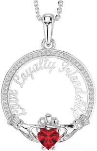 Diamond Ruby White Gold Irish "Love, Loyalty, & Friendship" Claddagh Necklace