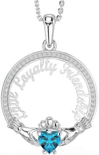 Diamond Topaz White Gold Irish "Love, Loyalty, & Friendship" Claddagh Necklace
