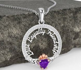 Diamond Amethyst White Rose Gold Irish "Love, Loyalty, & Friendship" Claddagh Necklace