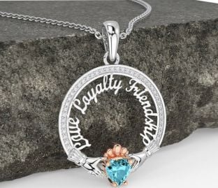 Diamond Aquamarine White Rose Gold Irish "Love, Loyalty, & Friendship" Claddagh Necklace
