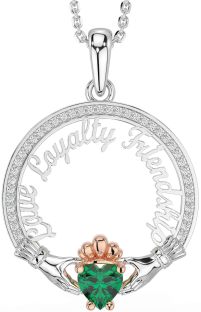 Diamond Emerald White Rose Gold Irish "Love, Loyalty, & Friendship" Claddagh Necklace