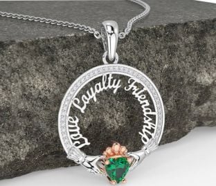 Diamond Emerald White Rose Gold Irish "Love, Loyalty, & Friendship" Claddagh Necklace