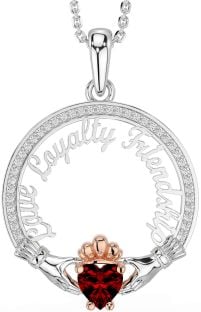 Diamond Garnet White Rose Gold Irish "Love, Loyalty, & Friendship" Claddagh Necklace