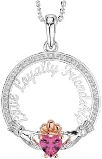 Diamond Pink Tourmaline White Rose Gold Irish "Love, Loyalty, & Friendship" Claddagh Necklace
