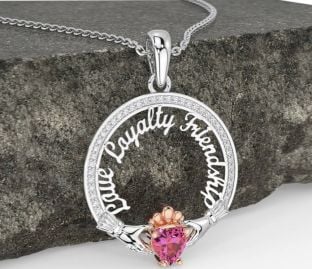 Diamond Pink Tourmaline White Rose Gold Irish "Love, Loyalty, & Friendship" Claddagh Necklace