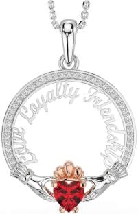 Diamond Ruby White Rose Gold Irish "Love, Loyalty, & Friendship" Claddagh Necklace