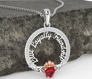 Diamond Ruby White Rose Gold Irish "Love, Loyalty, & Friendship" Claddagh Necklace