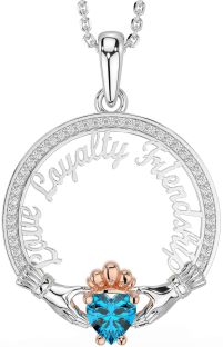 Diamond Topaz White Rose Gold Irish "Love, Loyalty, & Friendship" Claddagh Necklace