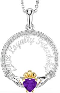 Diamond Amethyst White Yellow Gold Irish "Love, Loyalty, & Friendship" Claddagh Necklace
