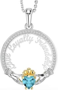 Diamond Aquamarine White Yellow Gold Irish "Love, Loyalty, & Friendship" Claddagh Necklace