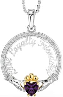 Diamond Alexandrite White Yellow Gold Irish "Love, Loyalty, & Friendship" Claddagh Necklace