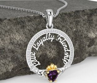 Diamond Alexandrite White Yellow Gold Irish "Love, Loyalty, & Friendship" Claddagh Necklace