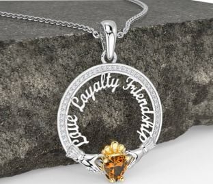 Diamond Citrine White Yellow Gold Irish "Love, Loyalty, & Friendship" Claddagh Necklace