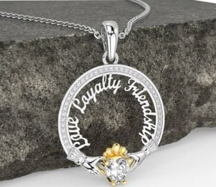 Diamond White Yellow Gold Irish "Love, Loyalty, & Friendship" Claddagh Necklace