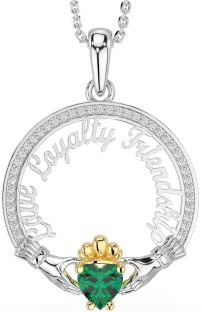Diamond Emerald White Yellow Gold Irish "Love, Loyalty, & Friendship" Claddagh Necklace