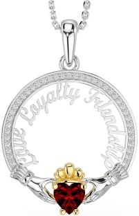 Diamond Garnet White Yellow Gold Irish "Love, Loyalty, & Friendship" Claddagh Necklace