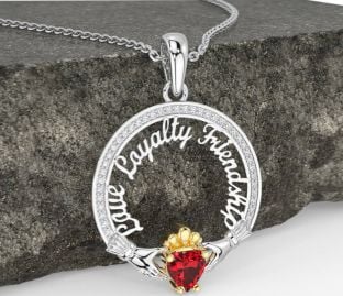 Diamond Ruby White Yellow Gold Irish "Love, Loyalty, & Friendship" Claddagh Necklace