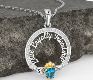 Diamond Topaz White Yellow Gold Irish "Love, Loyalty, & Friendship" Claddagh Necklace