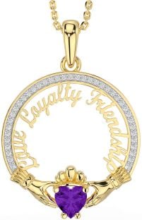 Diamond Amethyst Gold Irish "Love, Loyalty, & Friendship" Claddagh Necklace