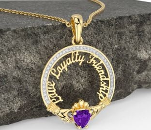 Diamond Amethyst Gold Irish "Love, Loyalty, & Friendship" Claddagh Necklace