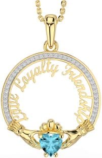 Diamond Aquamarine Gold Irish "Love, Loyalty, & Friendship" Claddagh Necklace