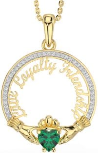 Diamond Emerald Gold Irish "Love, Loyalty, & Friendship" Claddagh Necklace