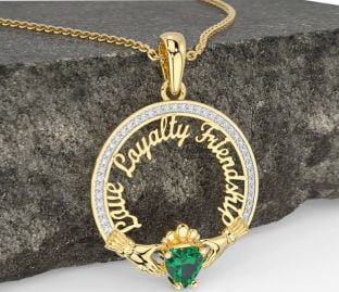 Diamond Emerald Gold Irish "Love, Loyalty, & Friendship" Claddagh Necklace