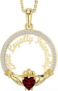 Diamond Garnet Gold Irish "Love, Loyalty, & Friendship" Claddagh Necklace