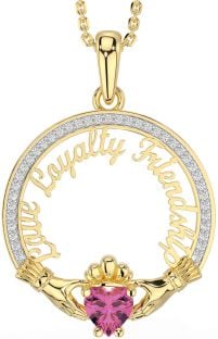 Diamond Pink Tourmaline Gold Irish "Love, Loyalty, & Friendship" Claddagh Necklace