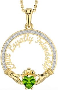 Diamond Peridot Gold Irish "Love, Loyalty, & Friendship" Claddagh Necklace