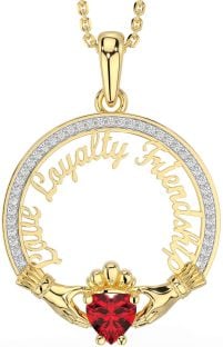 Diamond Ruby Gold Irish "Love, Loyalty, & Friendship" Claddagh Necklace