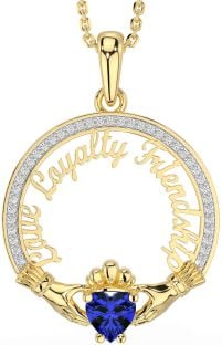 Diamond Sapphire Gold Irish "Love, Loyalty, & Friendship" Claddagh Necklace
