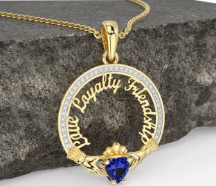 Diamond Sapphire Gold Irish "Love, Loyalty, & Friendship" Claddagh Necklace