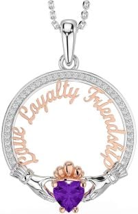 Diamond Amethyst Rose Gold Silver Irish "Love, Loyalty, & Friendship" Claddagh Necklace