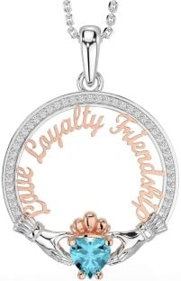 Diamond Aquamarine Rose Gold Silver Irish "Love, Loyalty, & Friendship" Claddagh Necklace